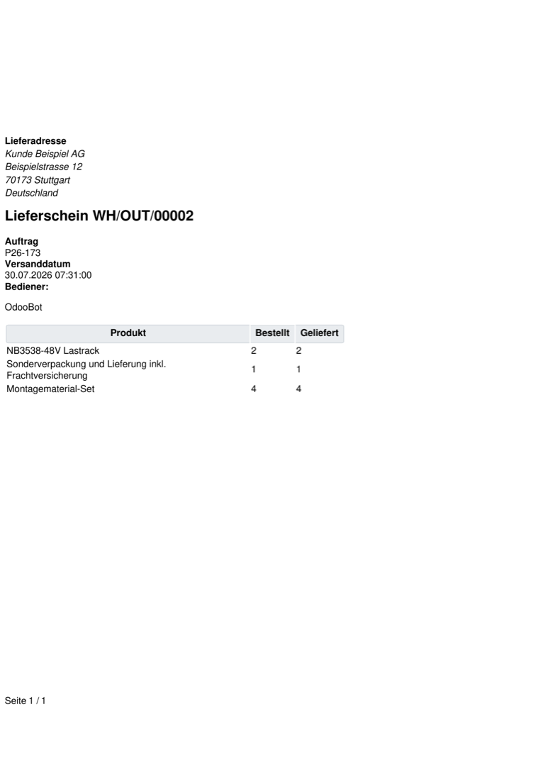 Gedruckter Odoo-Lieferschein mit grauer Kopfzeile