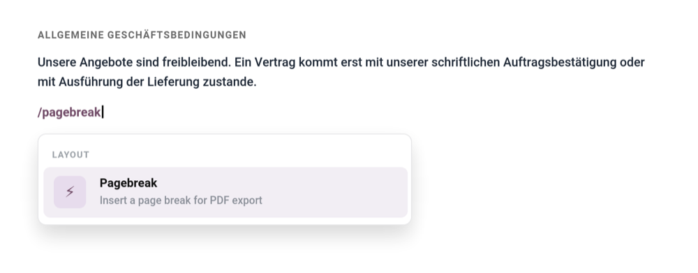 /pagebreak Befehl im Odoo-Editor auswählen