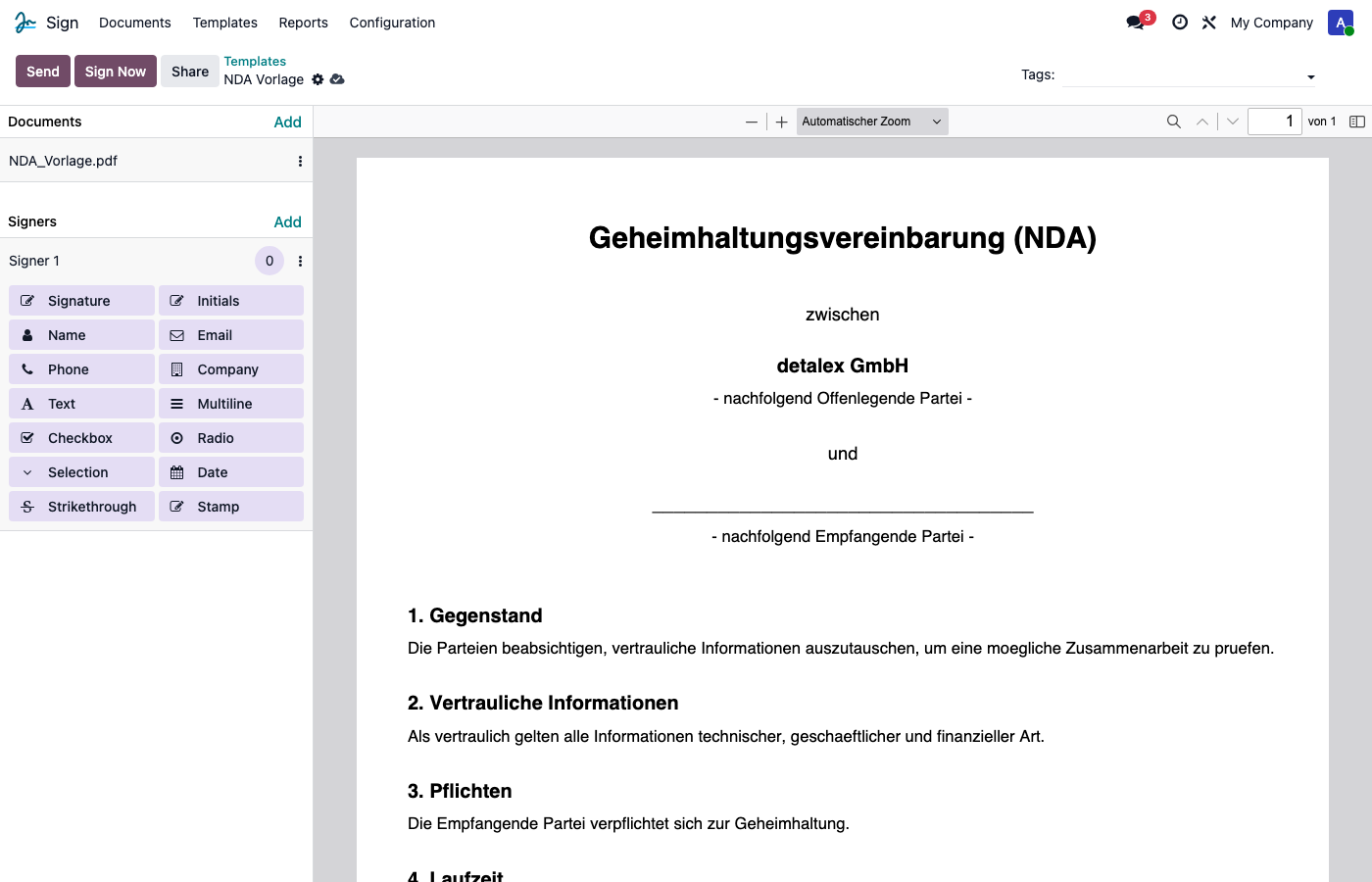 Template-Editor mit Zahnrad-Symbol für Einstellungen