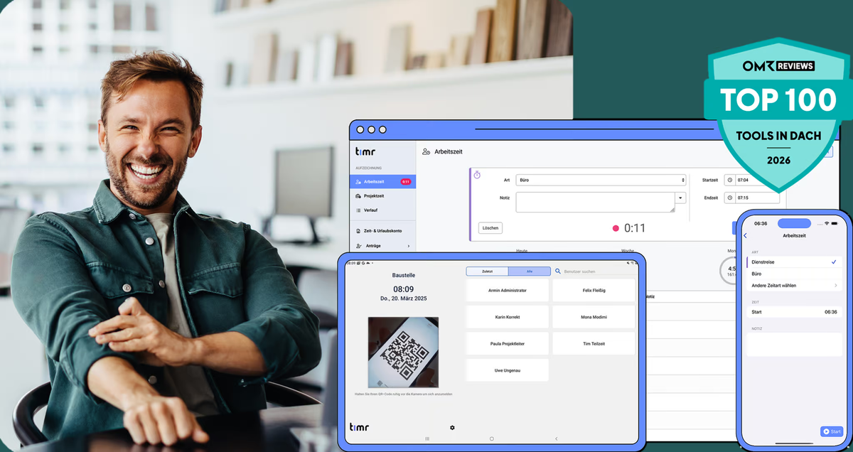 TIMR Zeiterfassung auf Desktop, Tablet und Smartphone