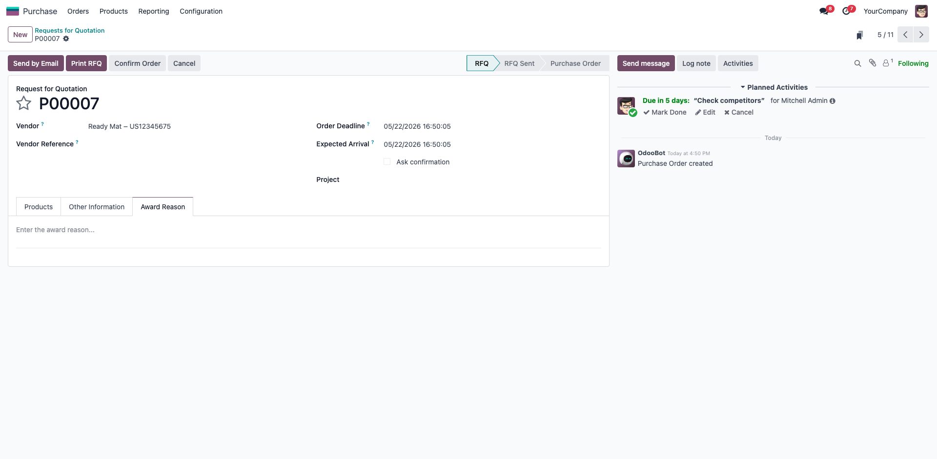 Award Reason tab on Purchase Order