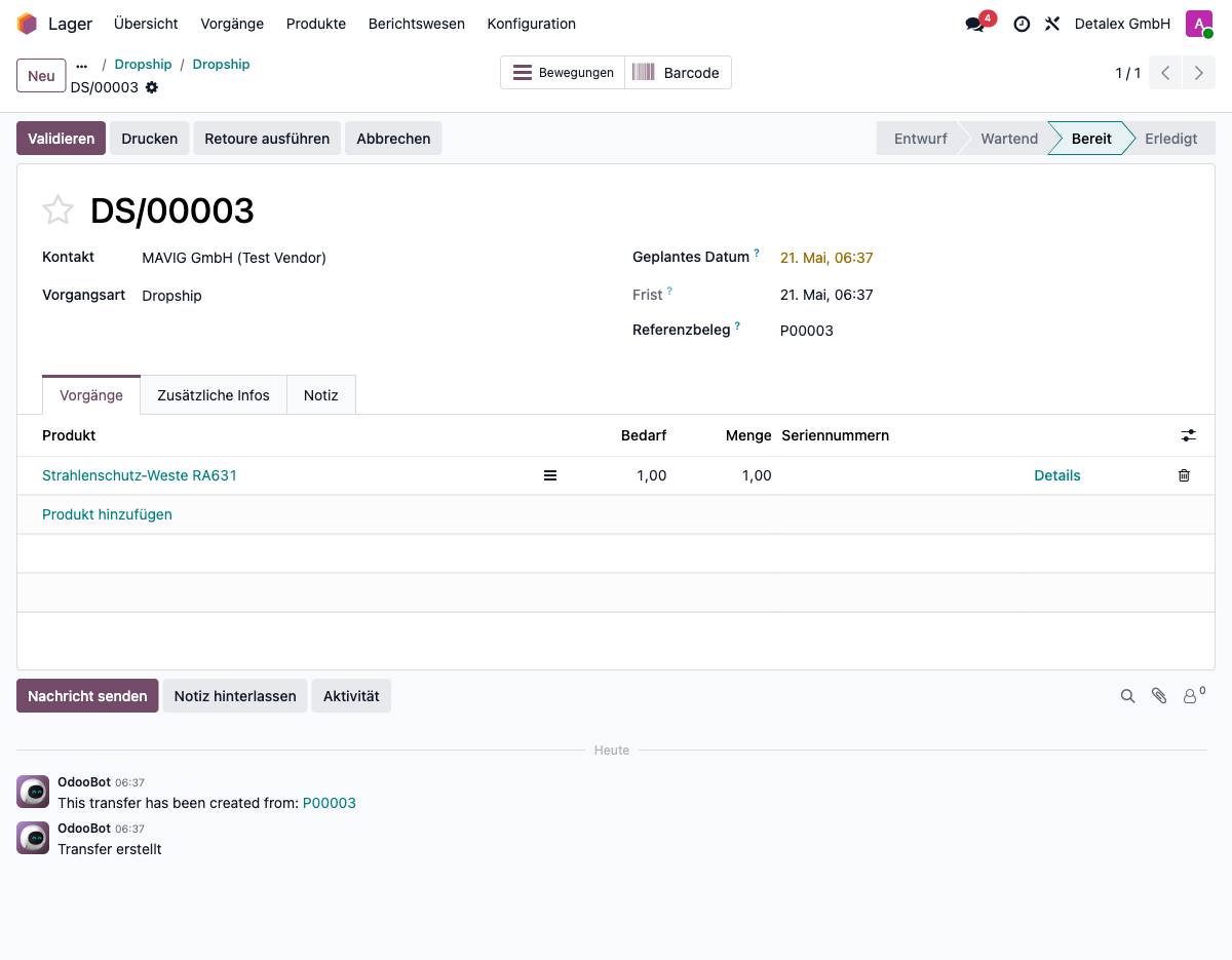Dropship delivery order before serial number entry