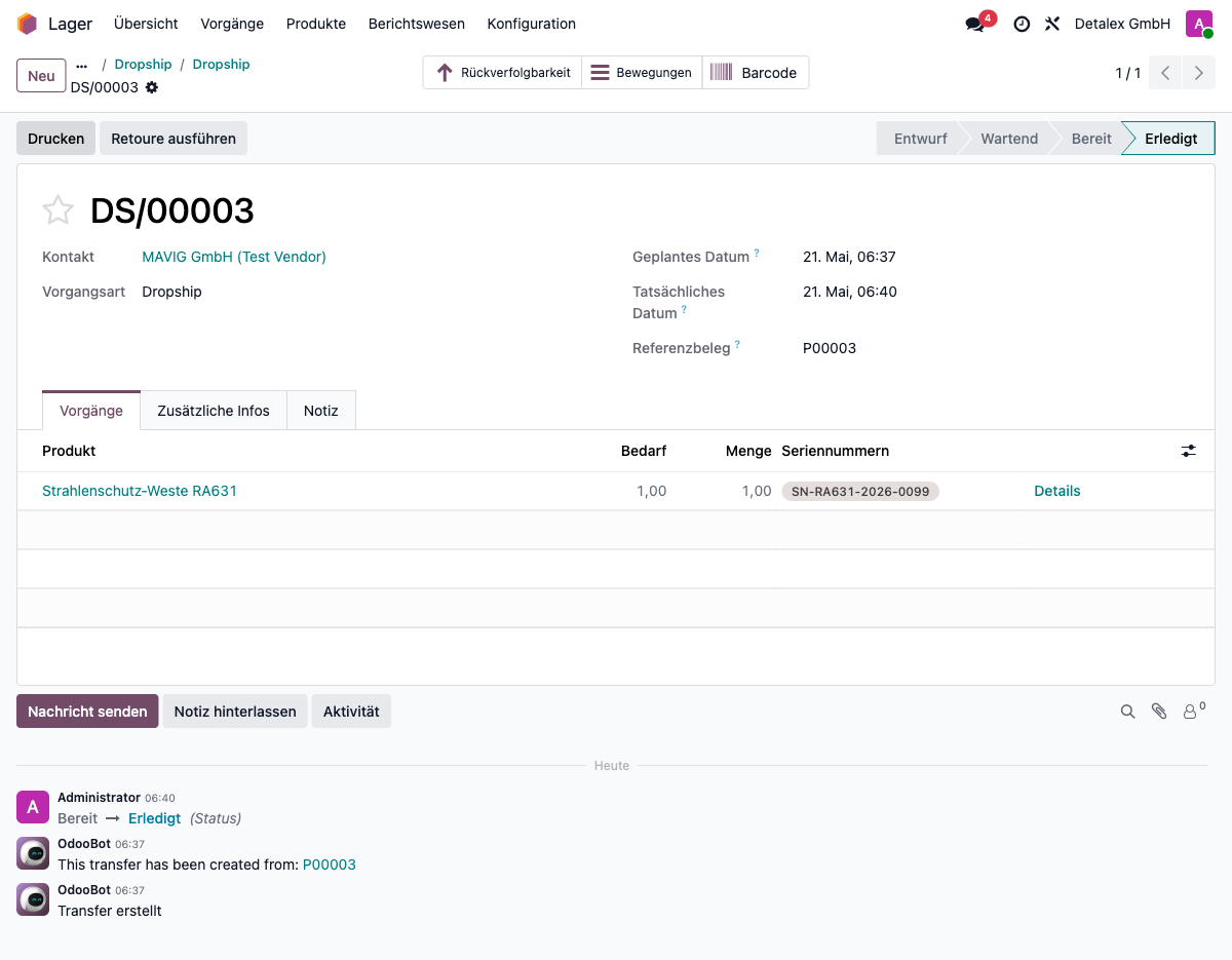 Validated dropship delivery order with serial number