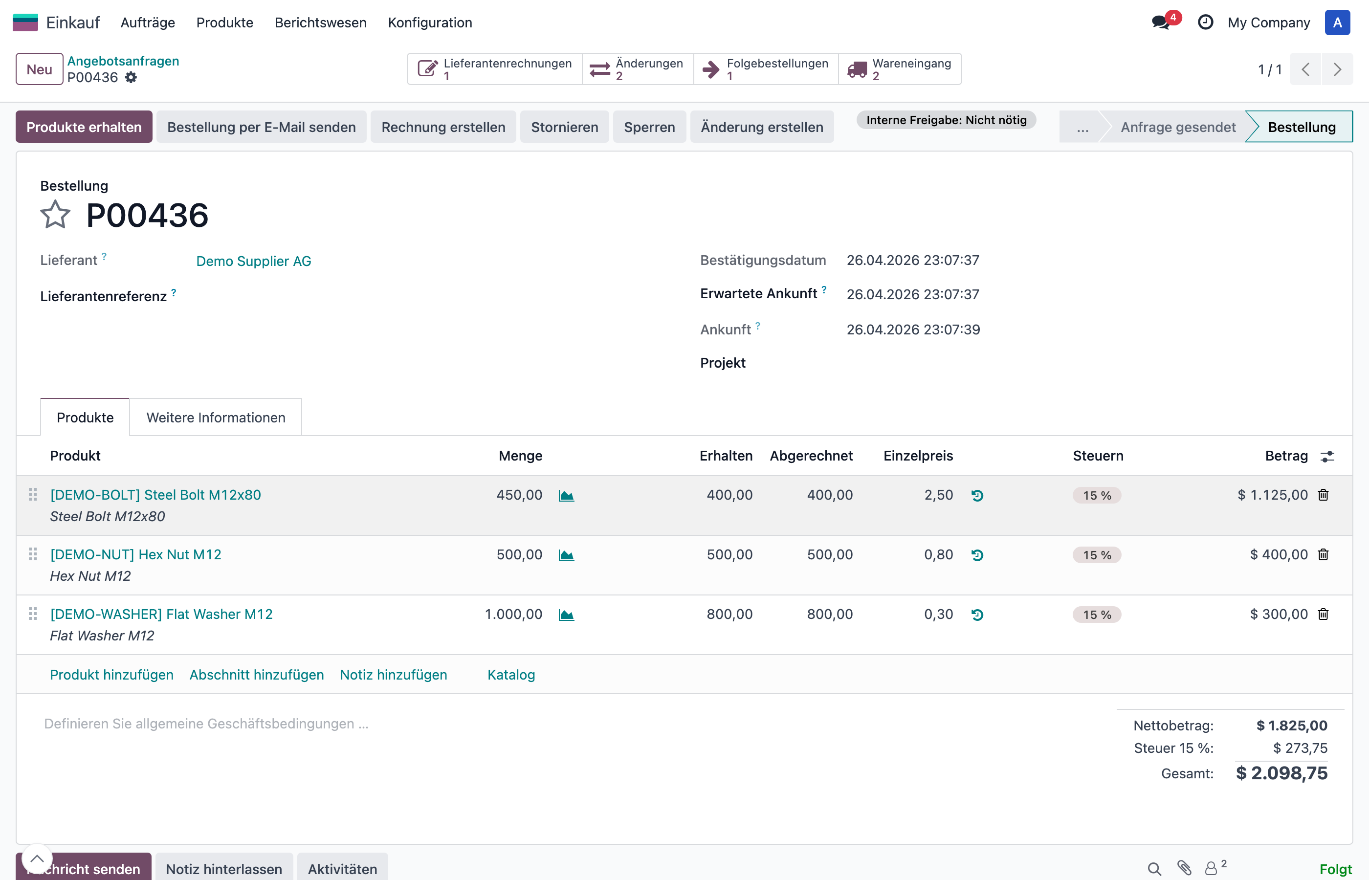 Purchase Order with Create Amendment button