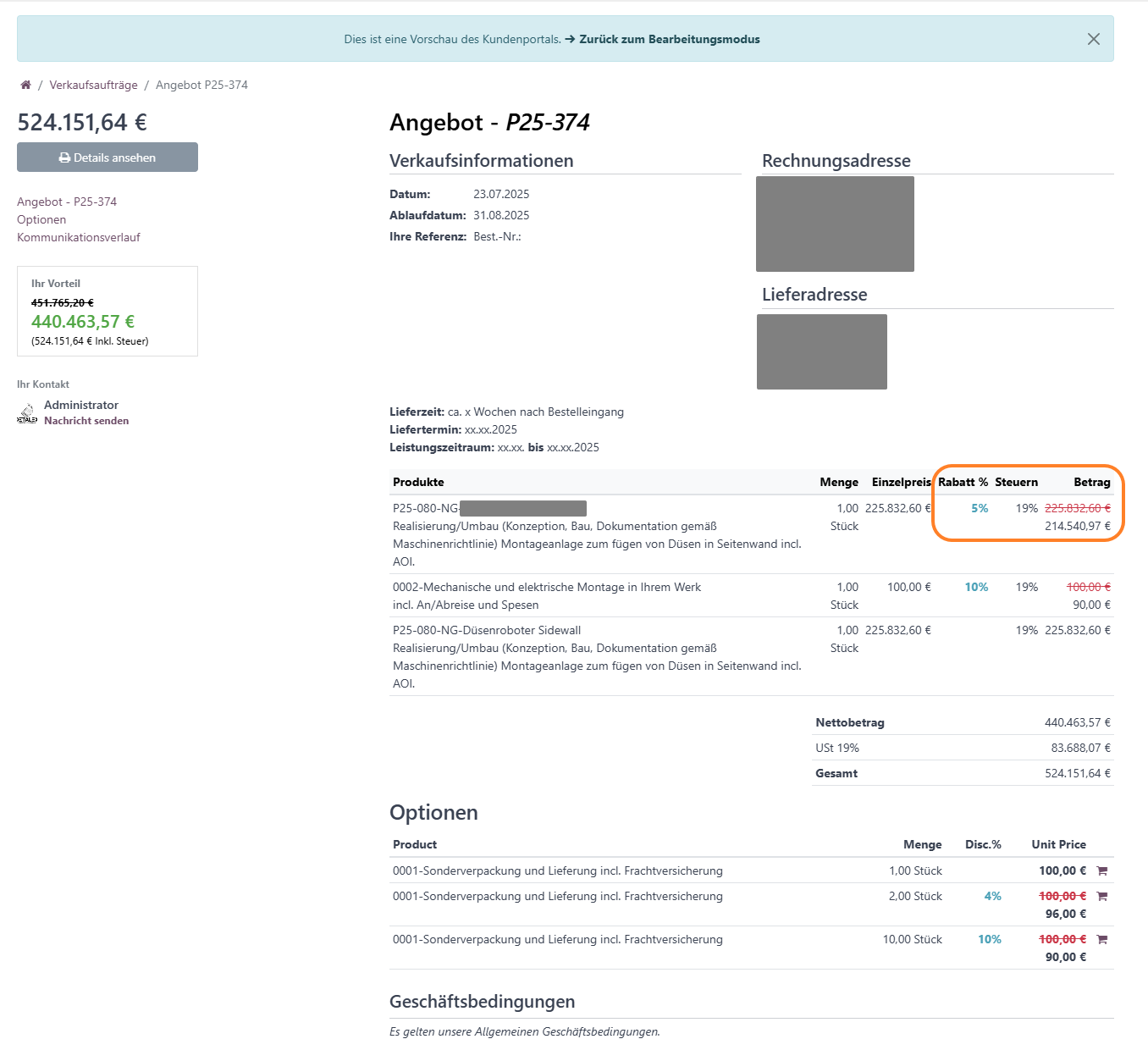 Portal Optionale Produkte mit Mengenspalte