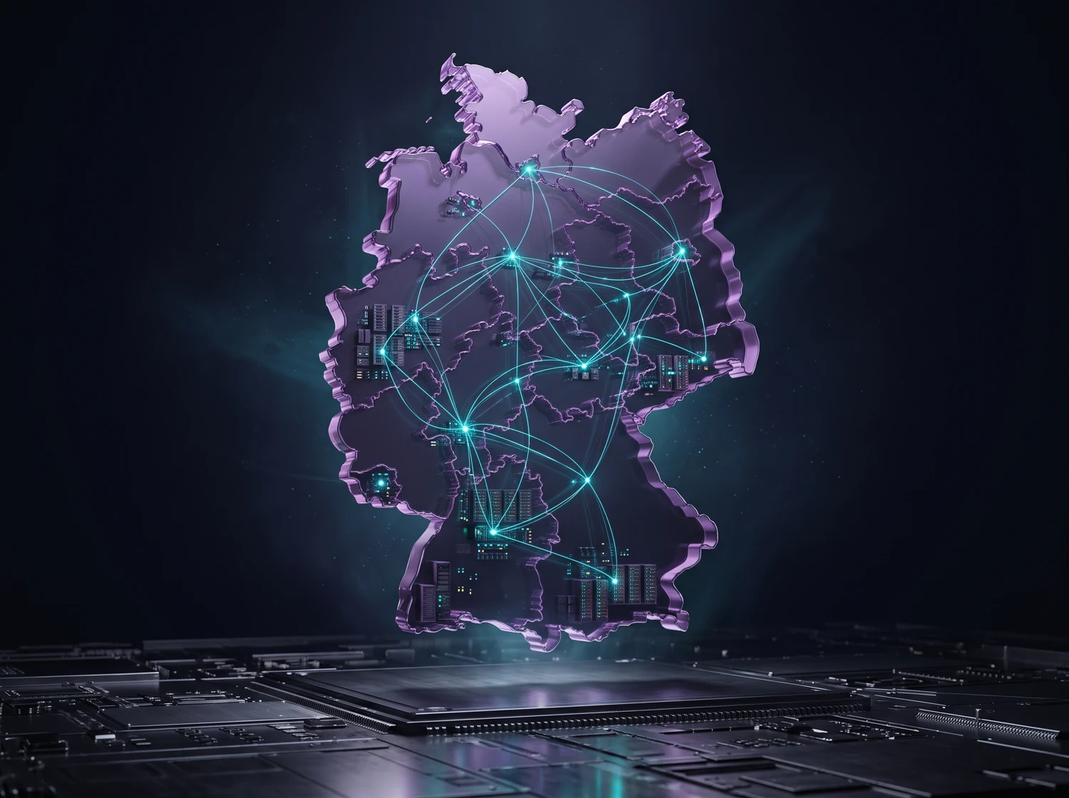 Deutschland als leuchtende Glas-Skulptur mit vernetzten Servern – Illustration für Hosting in Deutschland