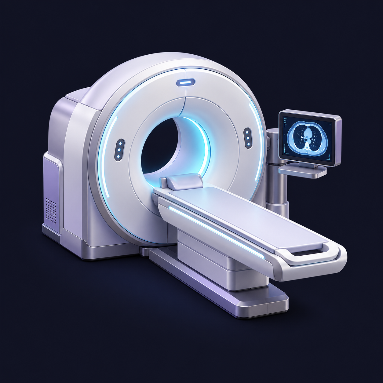 Medicator: Computertomograf mit Untersuchungsliege und Scan-Monitor